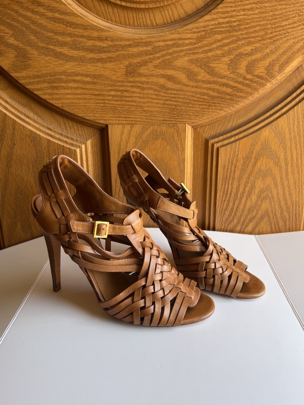Tory Burch Nadia Woven Leather Cage Sandals High Heel Open Toe Neutral Brown